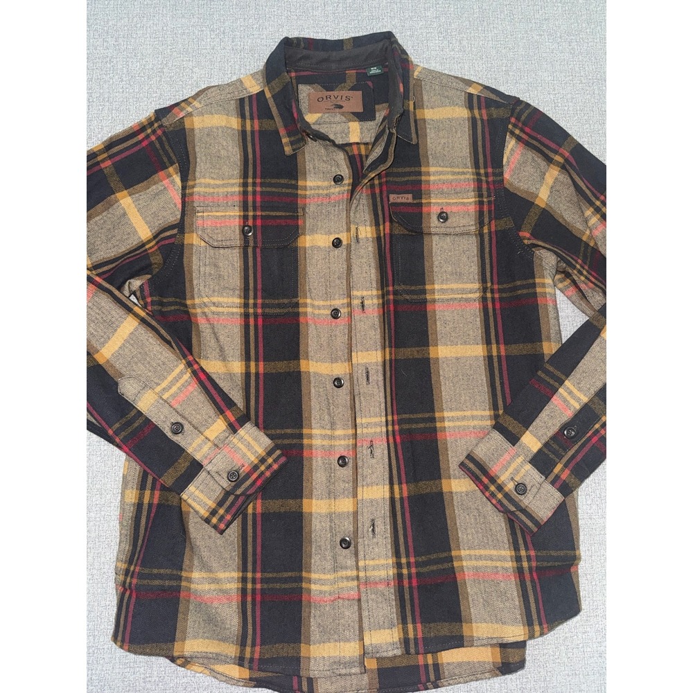Mens Orvis Size M Heavy Flannel Shirt Brown Plaid Herringbone Side Pockets